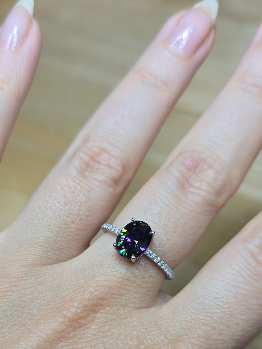Mystic Topaz Oval Halo Ring With AAA Cubic Zirconia 925 Sterling Silver Size 7